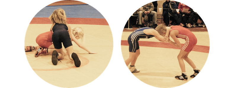 Kuvakollaasi painiharjoitusta tekevistä lapsista